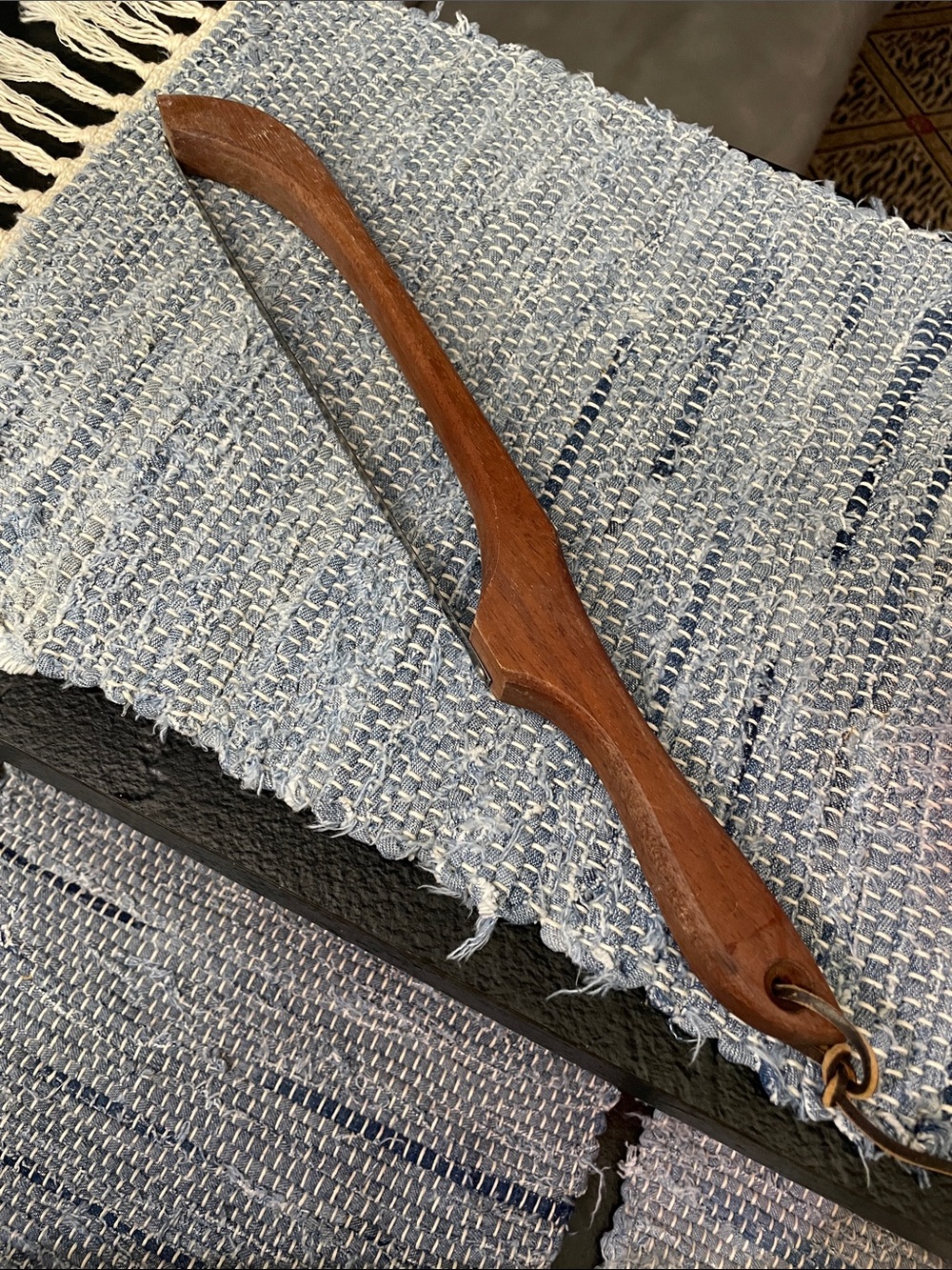 Vintage Wooden Handled Homemade Bread Knife.- Brown 15 in long. 9 in blade.